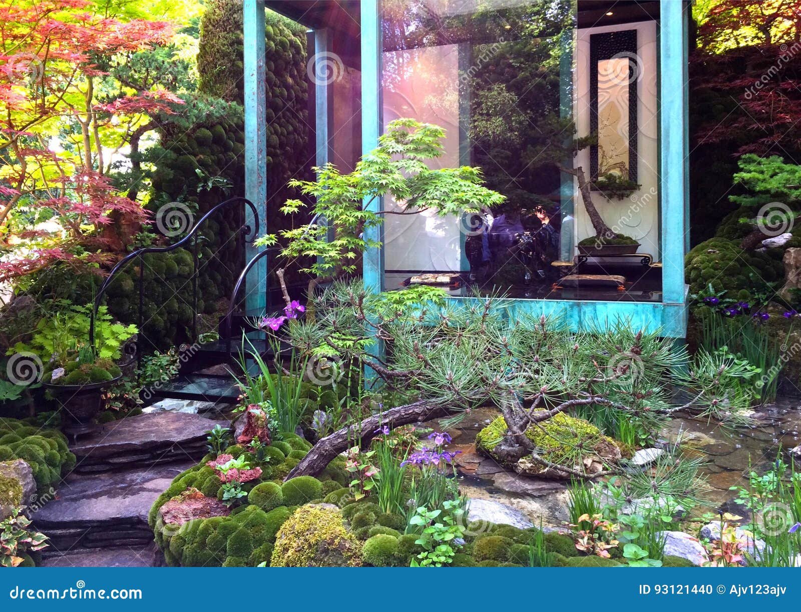 an artisan garden at the rhs chelsea flower show editorial image