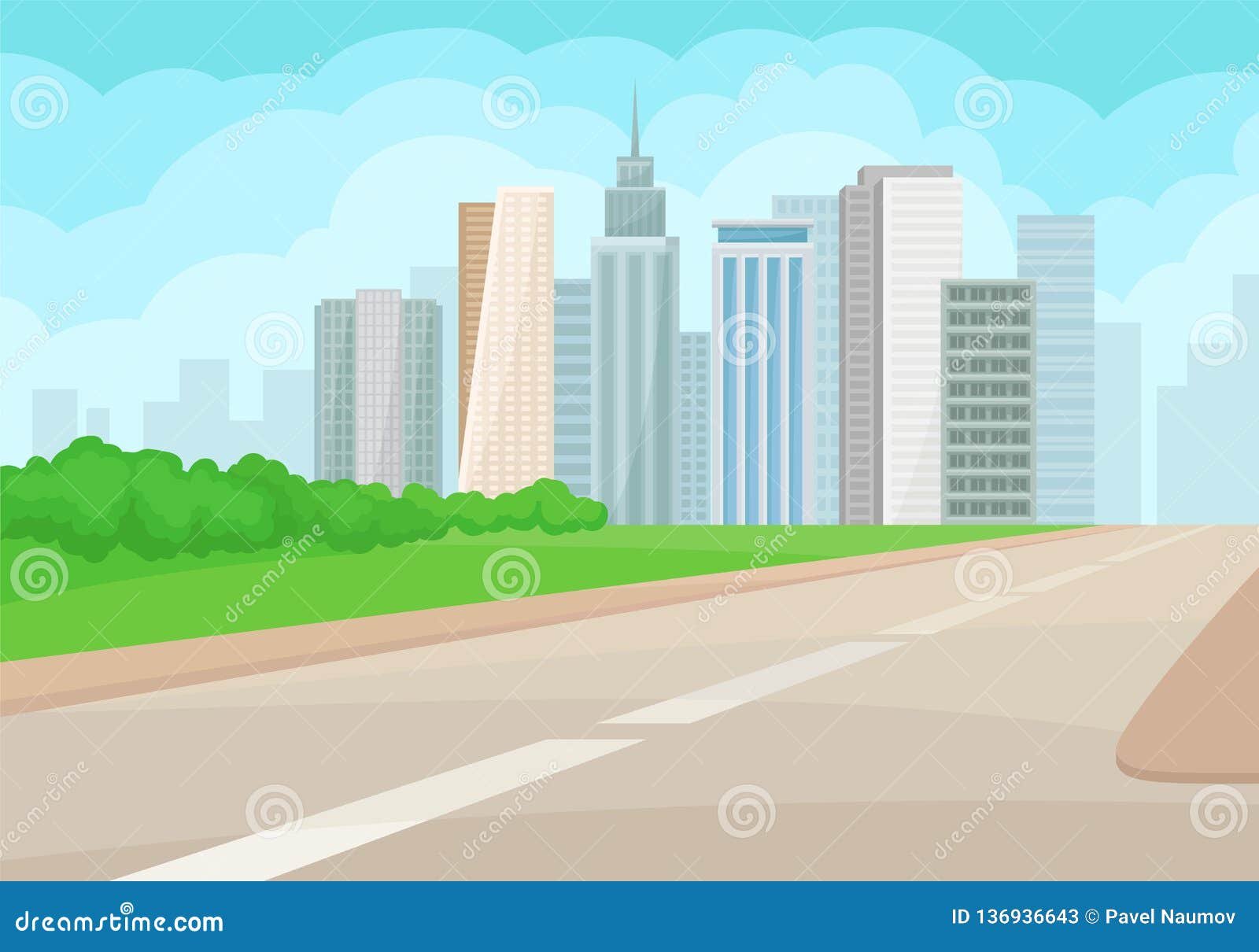 urban landscape with road, high-rise buildings, green