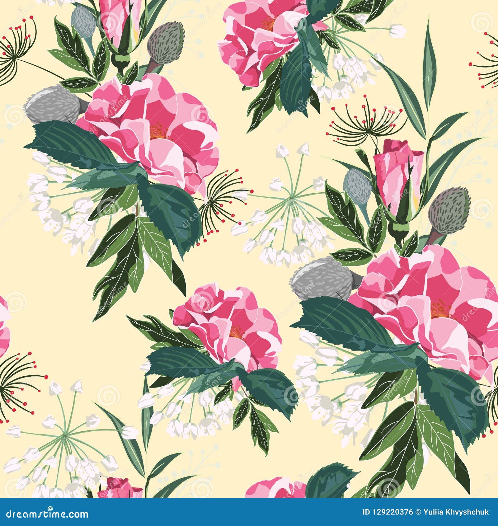 floral seamless pattern with garden roses in vintage style. yellow