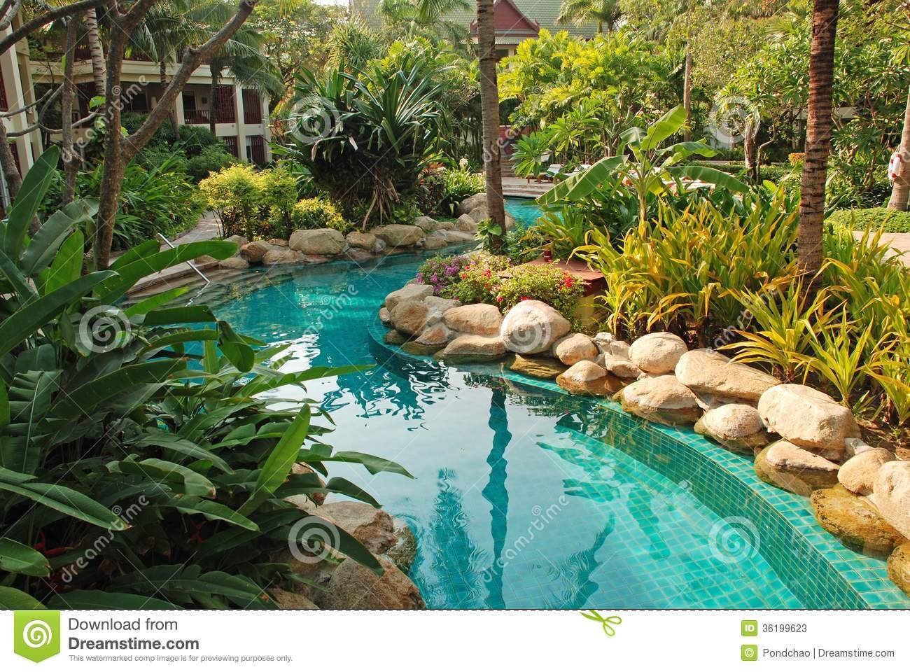 nice swimming pool in garden stock image - image of thai, swimming