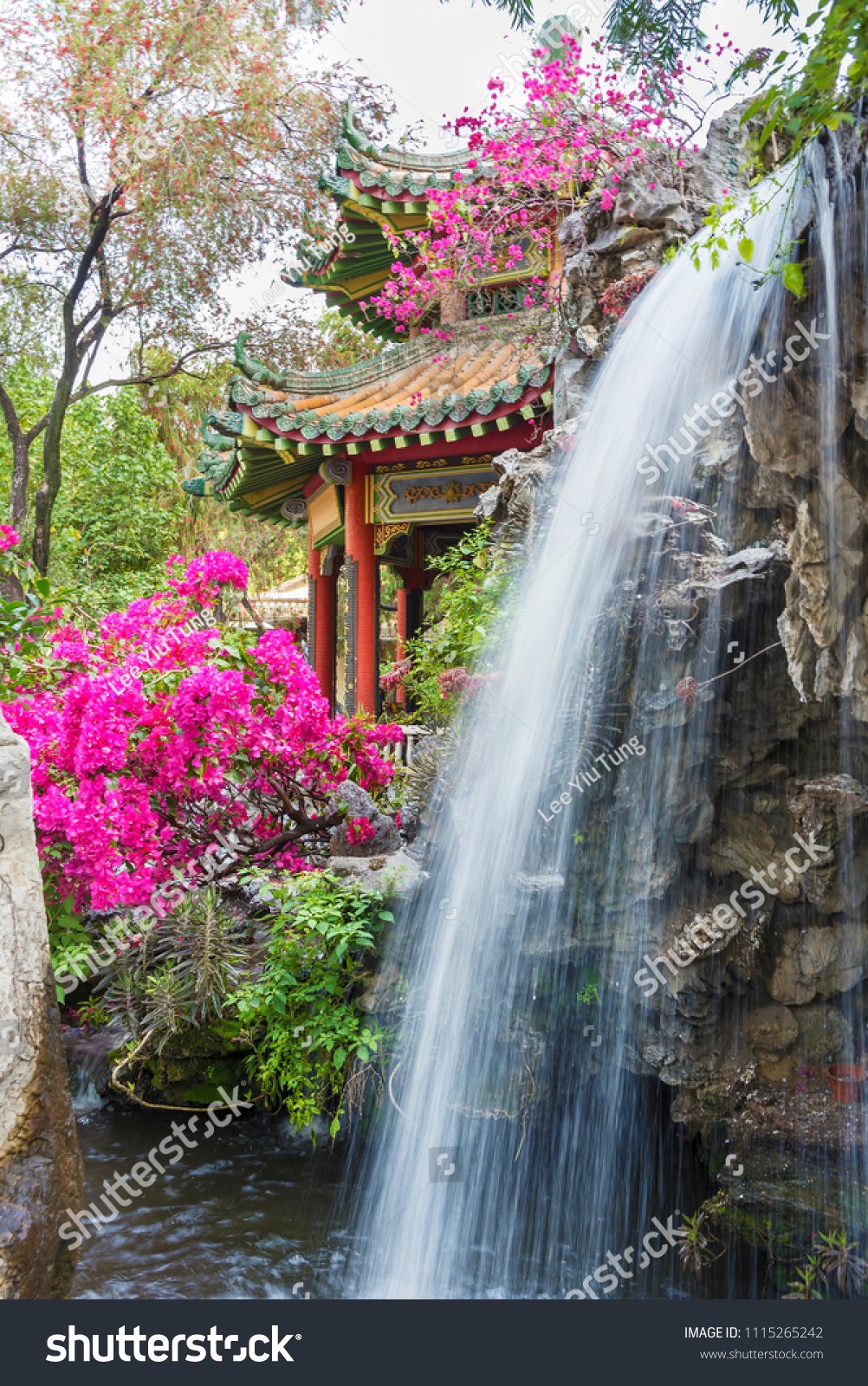 pavilion waterfall oriental garden hong kong stock photo